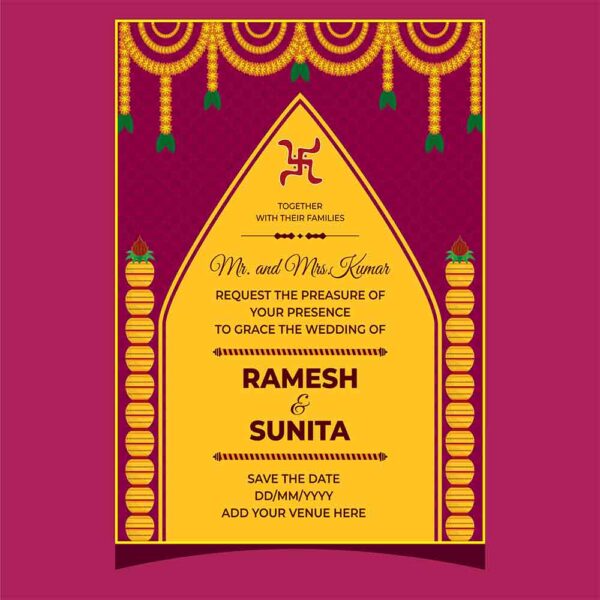 Indian Wedding Invitation Card With Event Details In Pink And Yellow Color