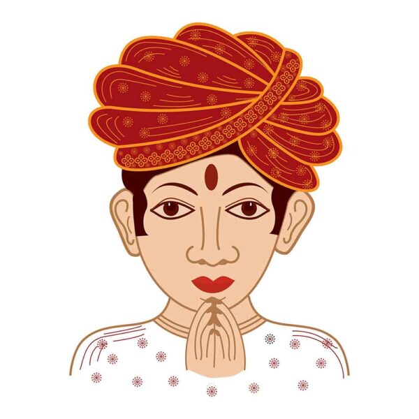 illustration of indian man wearing Rajasthani turban in welcome pose